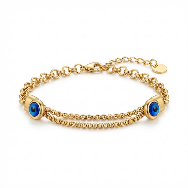 A stylish gold bracelet made of rust-resistant stainless steel, with two interlocking chains and a double "blue eye" design for a modern look, with an adjustable clasp to fit you. - Image 1